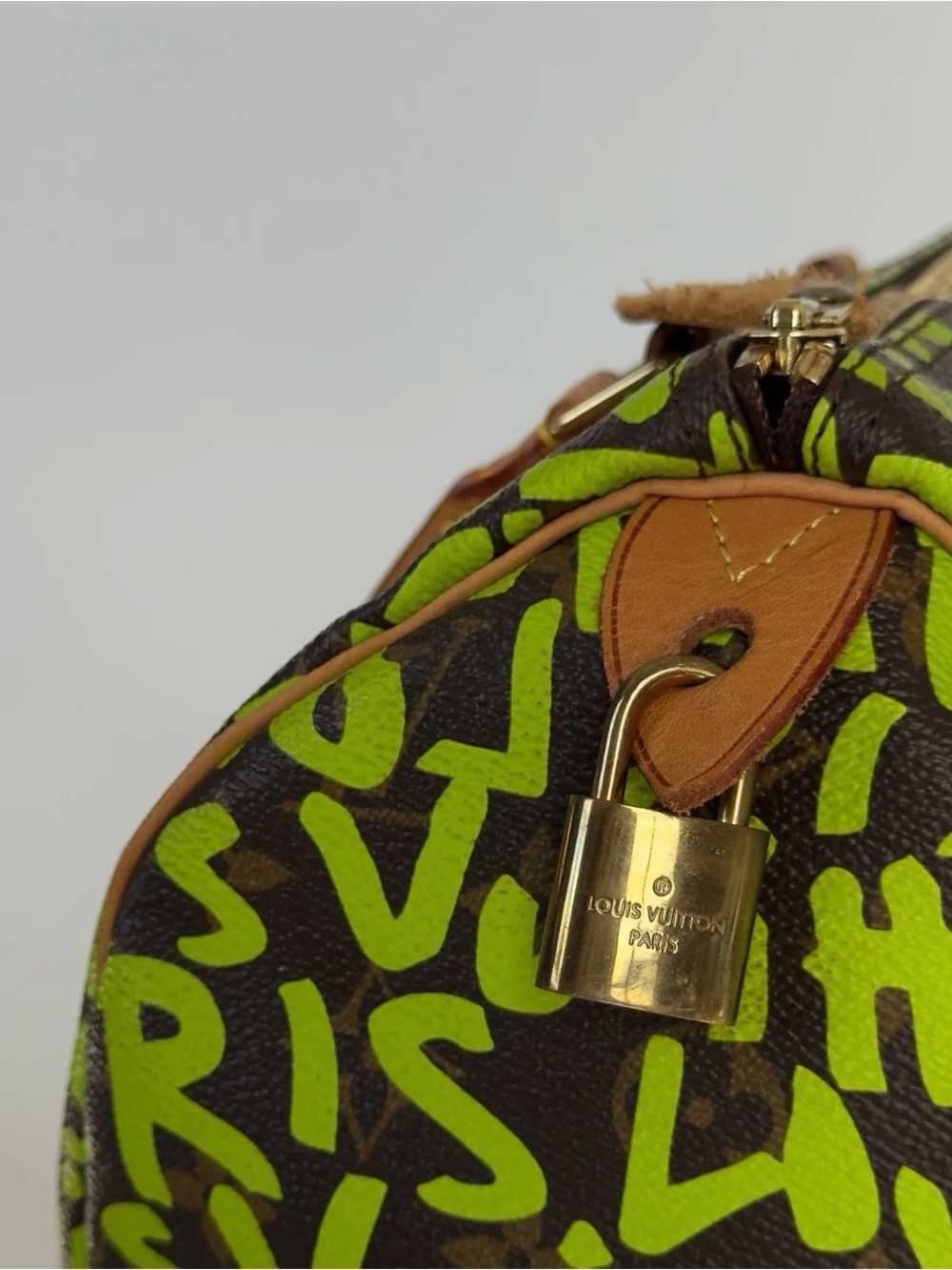 Louis Vuitton Brown Satchel with Neon Green Graffiti and Tan Handles - Picture 8 of 8